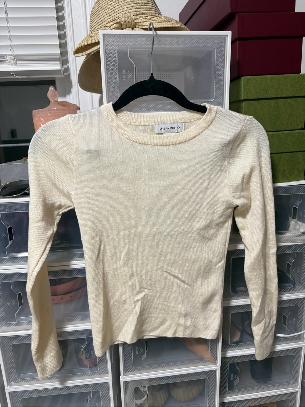 Urban Revivo Cream Long Sleeve Crewneck Top